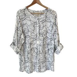 Cynthia Rowley 100% Linen Button Shirt L XL Roll Tab Leaf Print Tunic Coastal